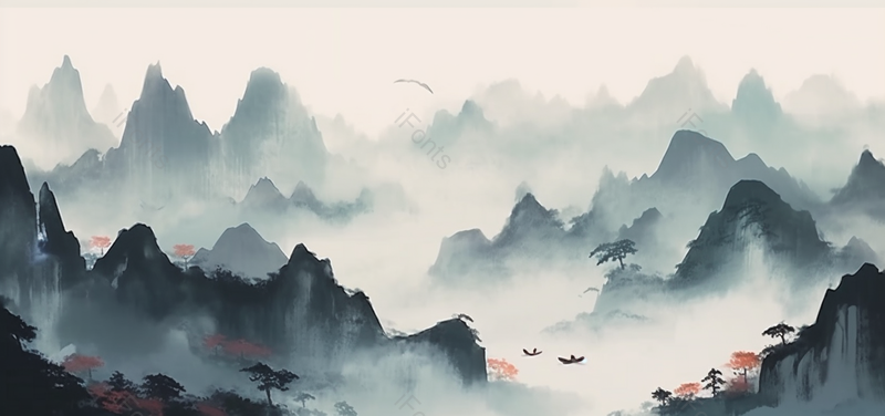 层峦叠嶂山峦红色的树中国风意境水墨画背景,插画/手绘图,插画/手绘图库,插画/手绘图下载,插画/手绘